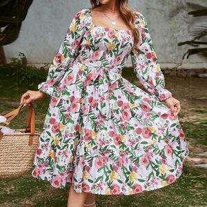 New! Simplee High Waist Lolita Dress Printed Open Back Square Neck Flare
